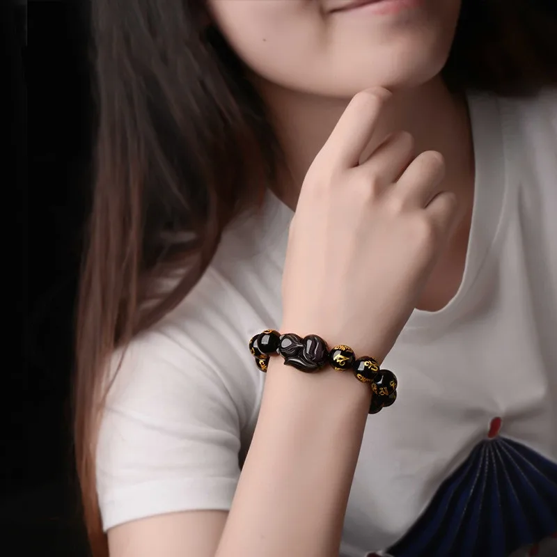 Бесплатная доставка новинка 100% черный браслет из обсидиана с бисером резная лиса