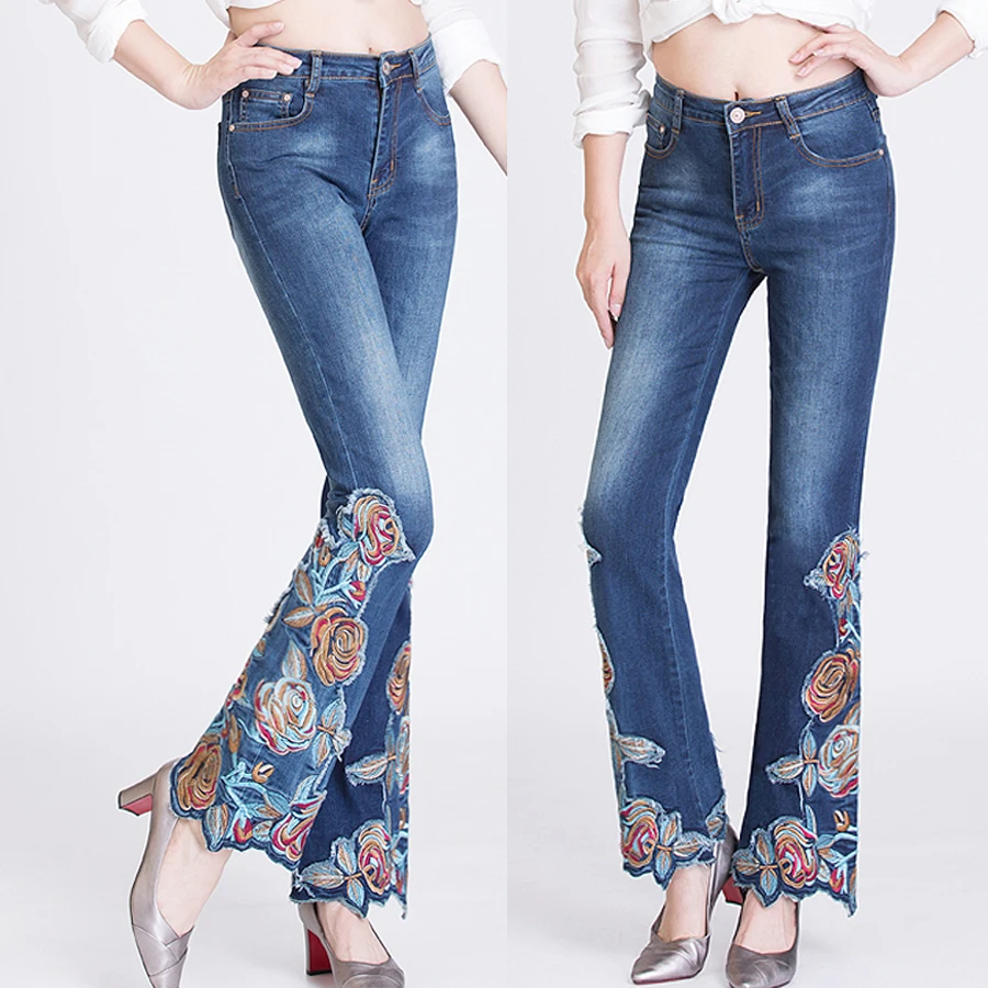 Женские потертые джинсы с бахромой модные синие брюки вышивкой женские