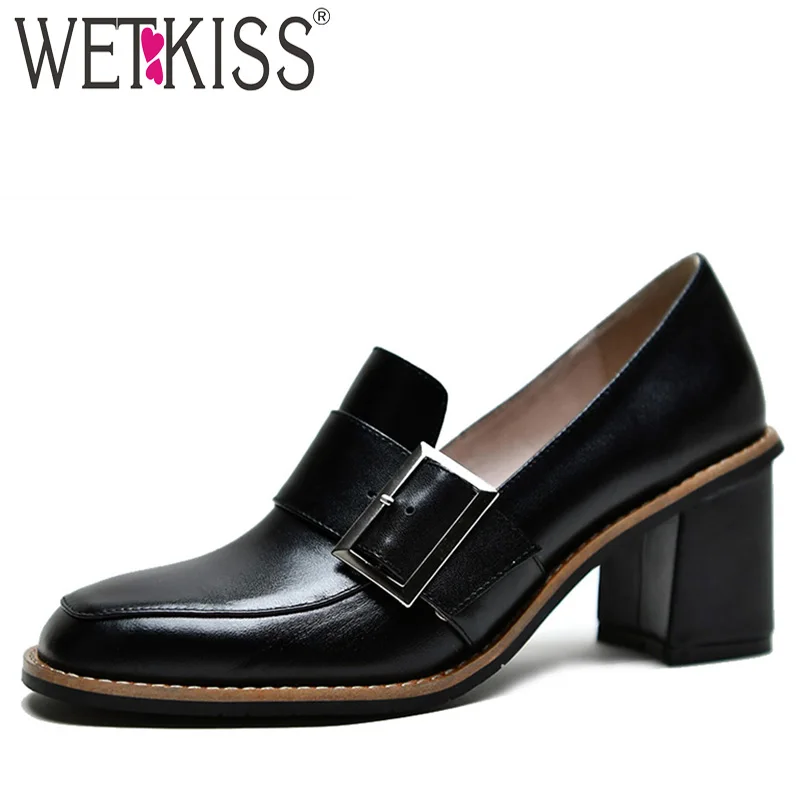 Женские офисные туфли WETKISS черные лодочки из натуральной кожи на толстом высоком