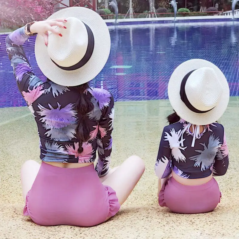 Bikini 2019 Parent-child Two Piece Suit Long Sleeve Swimwear Women Sunscreen Patchwork Ruffle Beachwear Female Swimsuit S92812X | Спорт и