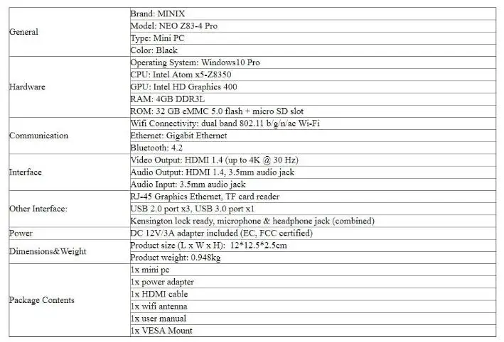 MINIX ТВ приставка NEO Z83-4 Pro официальный Windows 10 Pro мини ПК Intel Atom x5-Z8350 4 ГБ/32 ГБ ac wifi 1000 м LAN HDMI смарт ТВ приставка