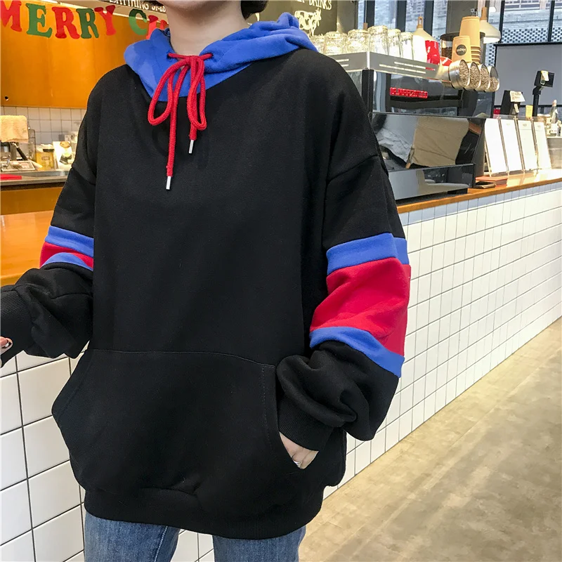Для женщин кофты японский Harajuku Ulzzang Bf Colorblock толстовка с капюшоном женские