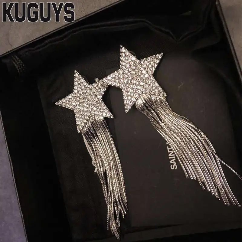 KUGUYS серебряные кристаллические длинные серьги с кисточками для женщин модные ювелирные изделия Гипербола большая звезда клипсы вечерние свадебные аксессуары