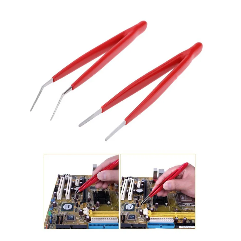 

908-T301 2pcs Insulated Tweezers Straight & Bent Tip Stainless Steel Electrician Hand Tools