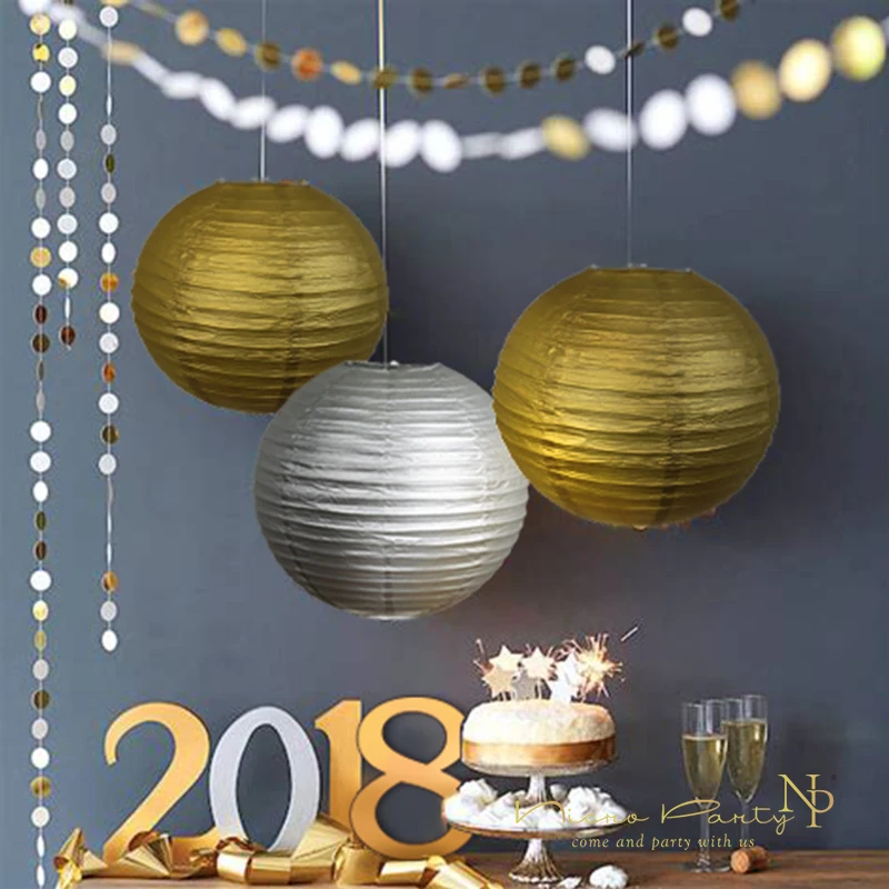 Nicro 10 ''золотые серебряные круглые бумажные фонарики лампа Круглый Китайский