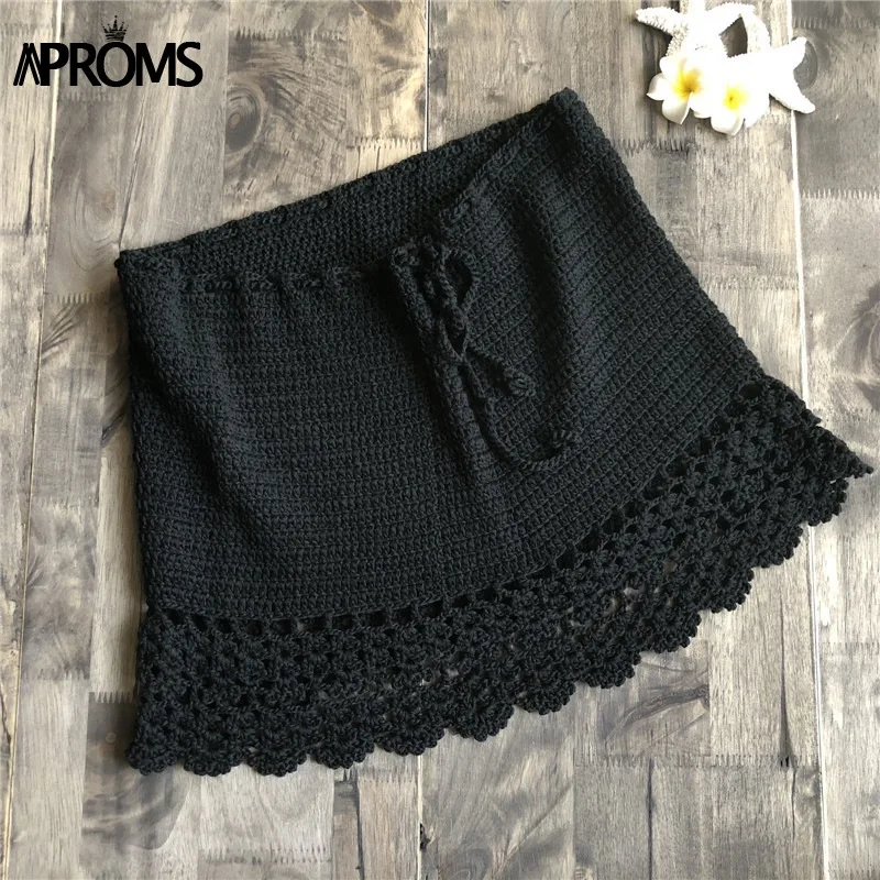 Черный Aproms, элегантные, ручной работы, хлопковые, вязаные крючком мини юбки, для женщин, летняя, высокая талия, галстук-бабочка, юбка, для девушек, для пляжа, бикини, низ, Saias - Цвет: Черный