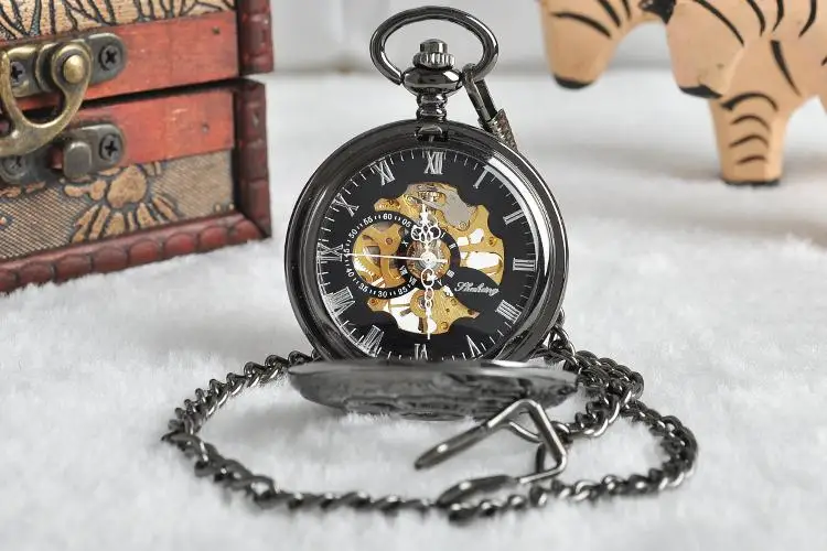 Antique Black Sunflower Hollow Relief Mechanical Pocket Watch Vintage Steampunk Fob Chain Men's Watch Women's Festival Gift