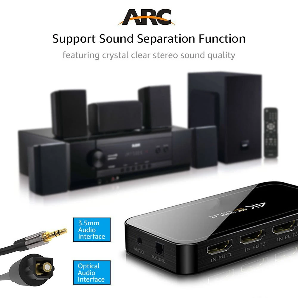 4K HDMI переключатель поддерживает ИК пульт дистанционного управления и ARC аудио