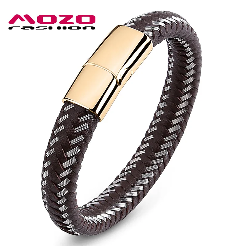 SJ008-Z Mozo Fashion подвеска плетеный кожаный браслет мужские браслеты ручной работы Мода Нержавеющая сталь застежка мужской браслет на запястье - Окраска металла: SJ008-Z