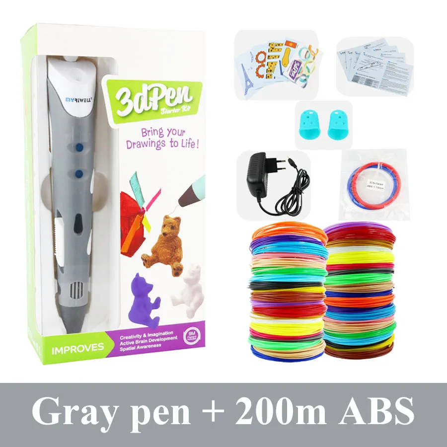 Gray with 200m ABS Myriwell 3D Ручка 25 м или 50 м или 100 м 1,75 мм ABS нить оригинальная DIY 3D ручка для печати 3D ручки для детей подарок 3D Ручка для рисования - Цвет: Gray with 200m ABS