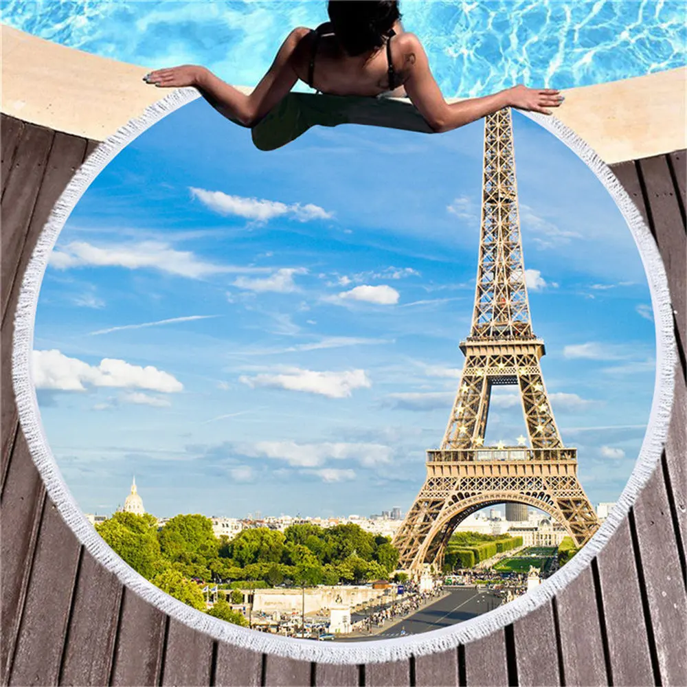 Building Series Printed Round Beach Towel Tower Night View Beautiful Home Decor Tapestry Swimming Microfiber |