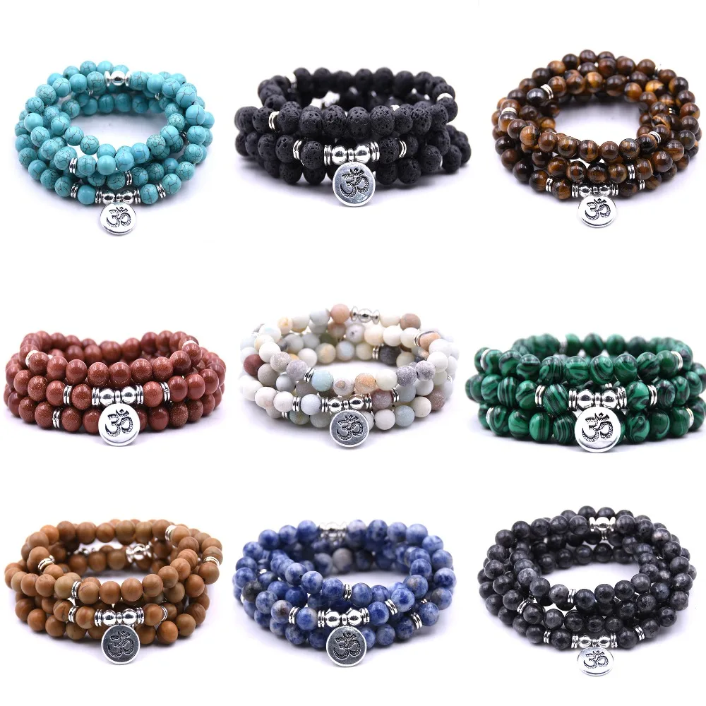 

Hot Sale 108 Natural Energy Stone Bracelet Hand Beaded Prayer Healing Bracelet Yoga OM Charm Bracelet Women Men Fashion Jewelry