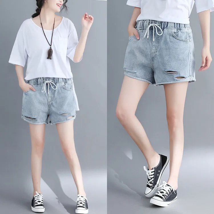 Summer Women Shorts Denim Hole Elastic Waist Bleached Casual Vintage Female Cowboy Wild Fashion | Женская одежда