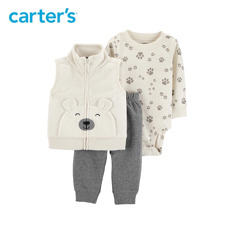 3 шт. Кемпинг печати боди спереди медведь карман флисовый жилет комплект Carter's