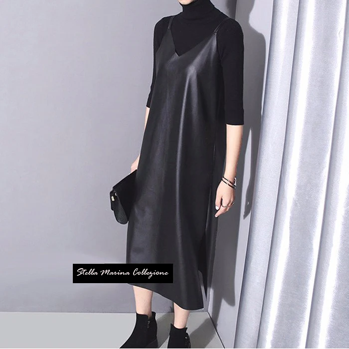 Осень 2020 женское черное платье Чехол из искусственной кожи без рукавов вечернее