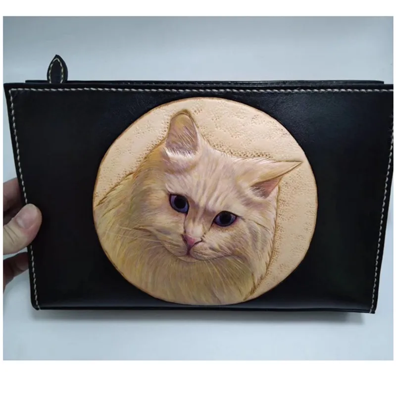 

Free design Women Men Vegetable Tanned Leather Bag Money Holder Cowhide Hand-carved Cat Clutch Purse Clutches Envelope Gifts