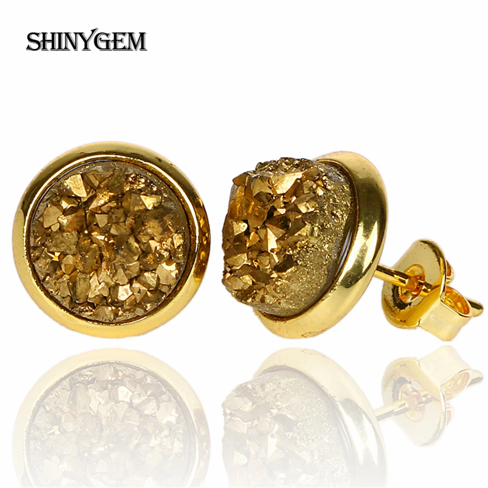 Shinygem новая модная обувь с украшением в виде кристаллов Стад Серьги с золотым покрытием красочные Druzy серьги 8 мм круглый Натуральный камень маленькие серьги для Для женщин