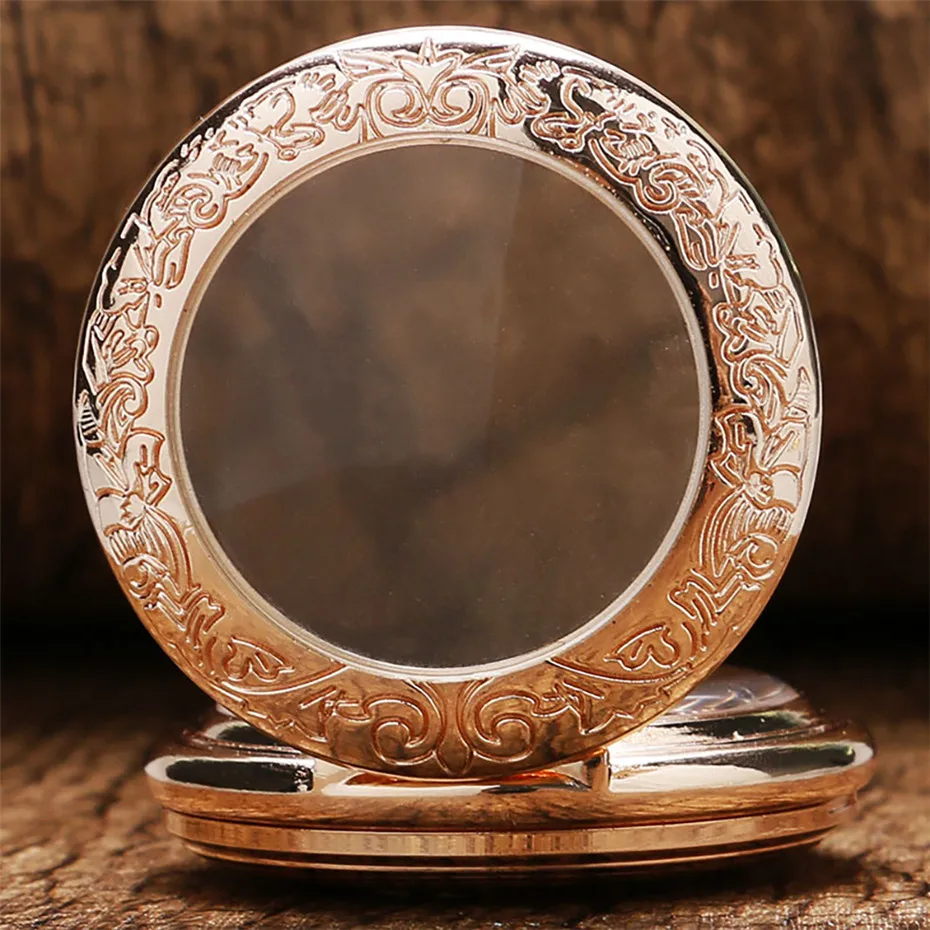 Antique Rose Gold Transparent Glass Roman Numerals Mechanical Hand Wind Pocket Watch Souvenir Pendant Clock Gifts Men Women