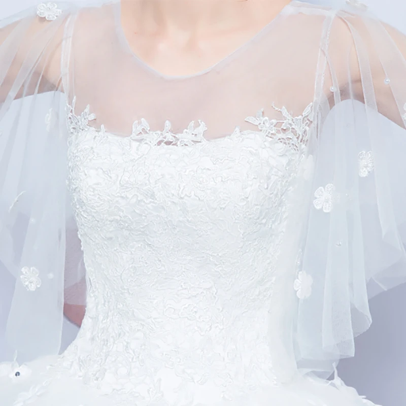 

AXJFU New Promotional Korean luxury crystal flower princess wedding dress vintage ruffles white lace o neck wedding dress 607t