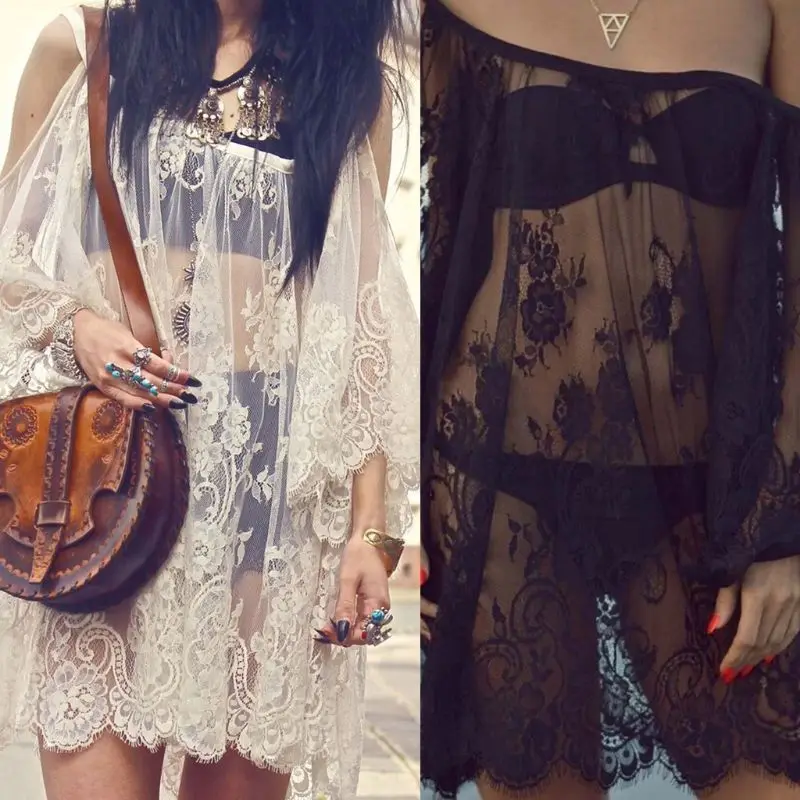 

Women Summer Sexy Cold Shoulder Sheer Eyelash Floral Lace Bikini Cover Up Half Sleeves Loose Mini Dress Solid Lingerie Beachwear