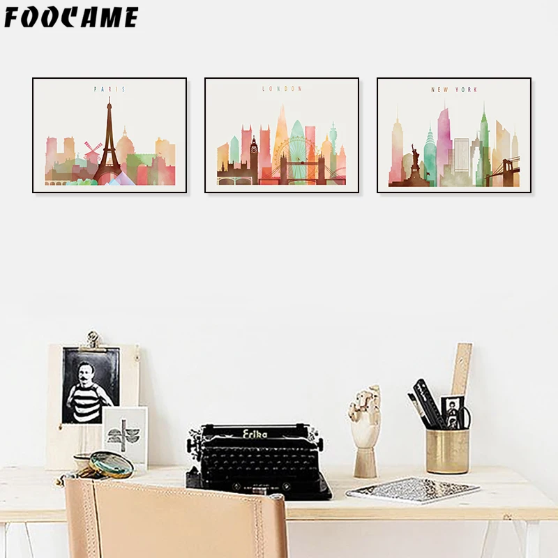 Фон с изображением Эйфелевой башни Города Парижа Лондона Нью Йорка плакаты и