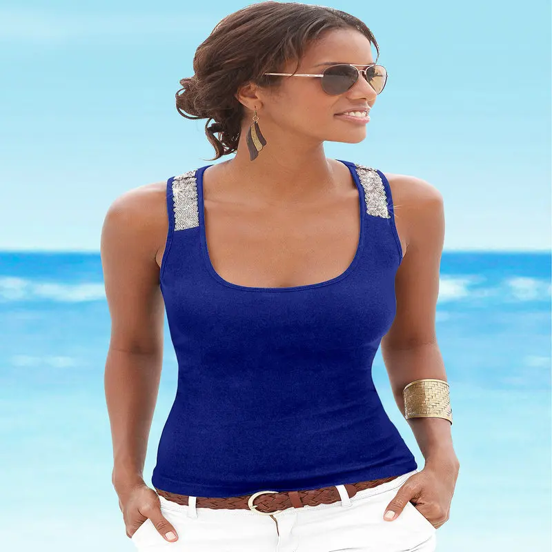 Горячая 2019 Лето Уличная Для женщин бретели топы пайетки шить площади рубашка без
