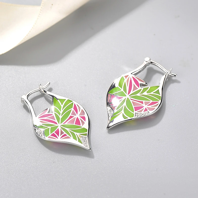 2018 new 925 Sterling Silver fashion DIY gift like Veined leaves pink green Enamel fine Dangle Earrings Party Jewelry | Украшения и