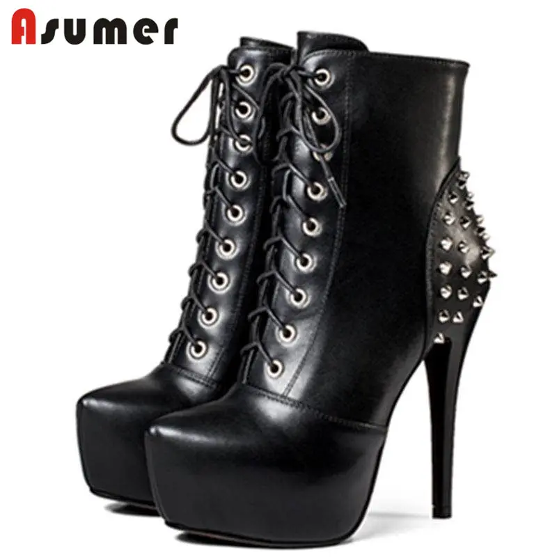 

ASUMER SIZE 33-40 2022 NEW fashion genuine leather boots rivet ankle boots women thin high heels pointed toe zip boots