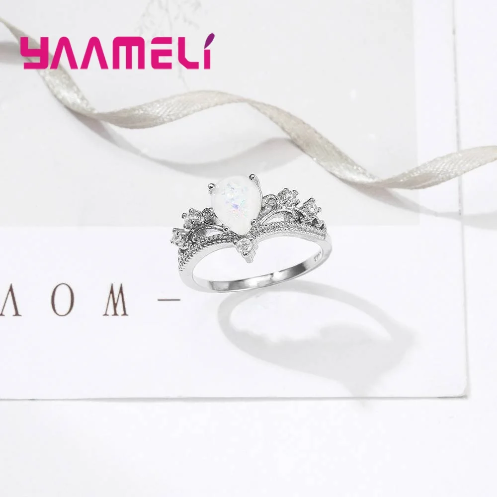 Elegant Noble Princess Women Finger Rings Crown Design Water Drop Shape Opal 925 Sterling Silver Cubic Zirconia Jewelry | Украшения и