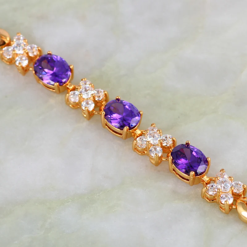 Best quality Purple crystal White Cubic Zirconia Yellow Gold Bracelet for female fashion jewelry 19cm 7.48 inch JB080 | Украшения и