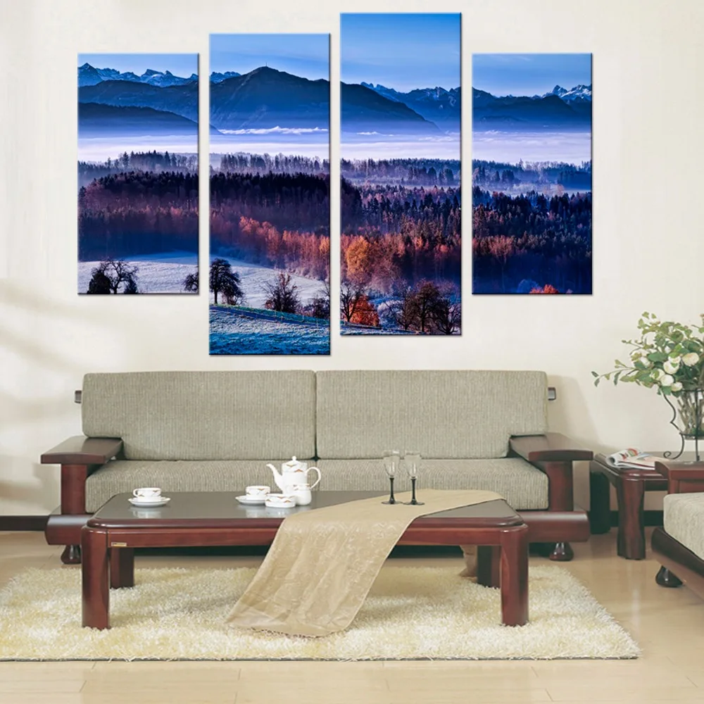 4 Pcs/set nature landscapes mountains trees forest wood winter snow seasons sky clouds fog Home Decoration Canvas Poster Print | Дом и сад