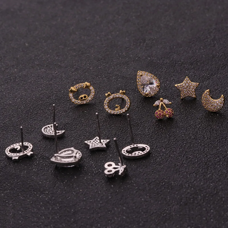 Серьги гвоздики Sellsets с фианитами изящная серьга серебряная и Золотая Звезда Луна