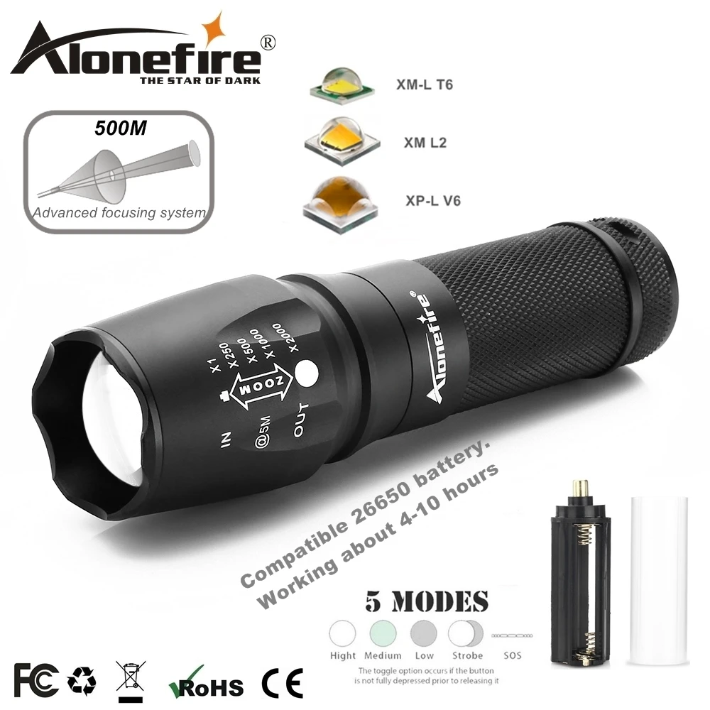 AloneFire X800 CREE XM-L T6 L2 светодиодный фонарь с зумом, фонарь для работы, походный прожектор, AAA 18650 26650, перезаряжаемый аккумулятор