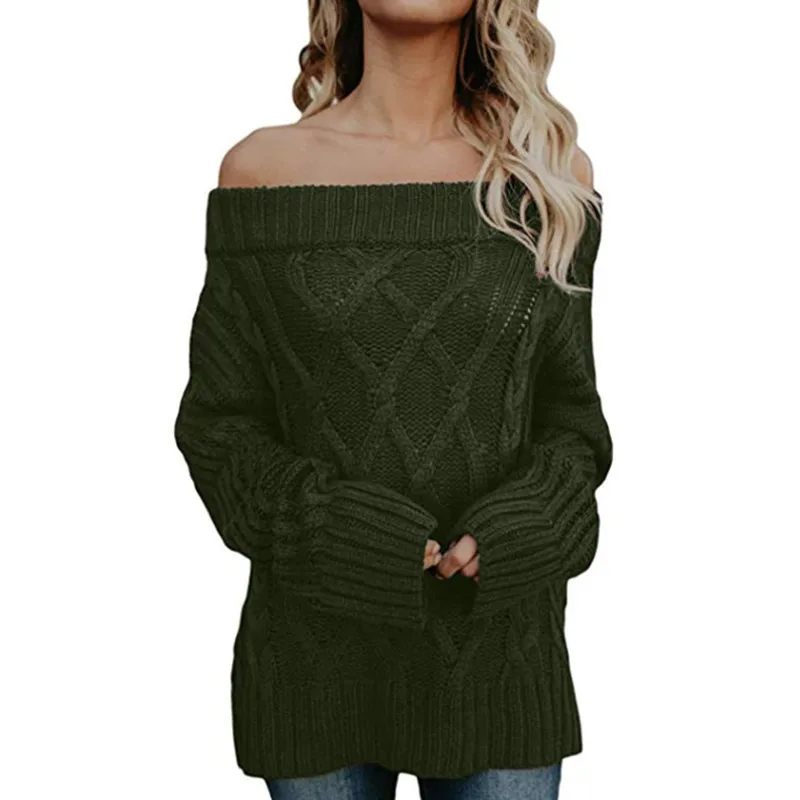 Danjeaner Women Sexy Off Shoulder Sweater Loose Cable Knitting Plus Size Long Pullover Female Thick Coarse Knitted Winter Jumper | Женская