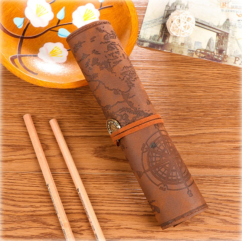 Light brown Винтажная Ретро Карта сокровища роскошный Ролл Кожа PU рулонная повязка пенал сумка для хранения подарок канцелярский школьный офисный товар - Цвет: Light brown