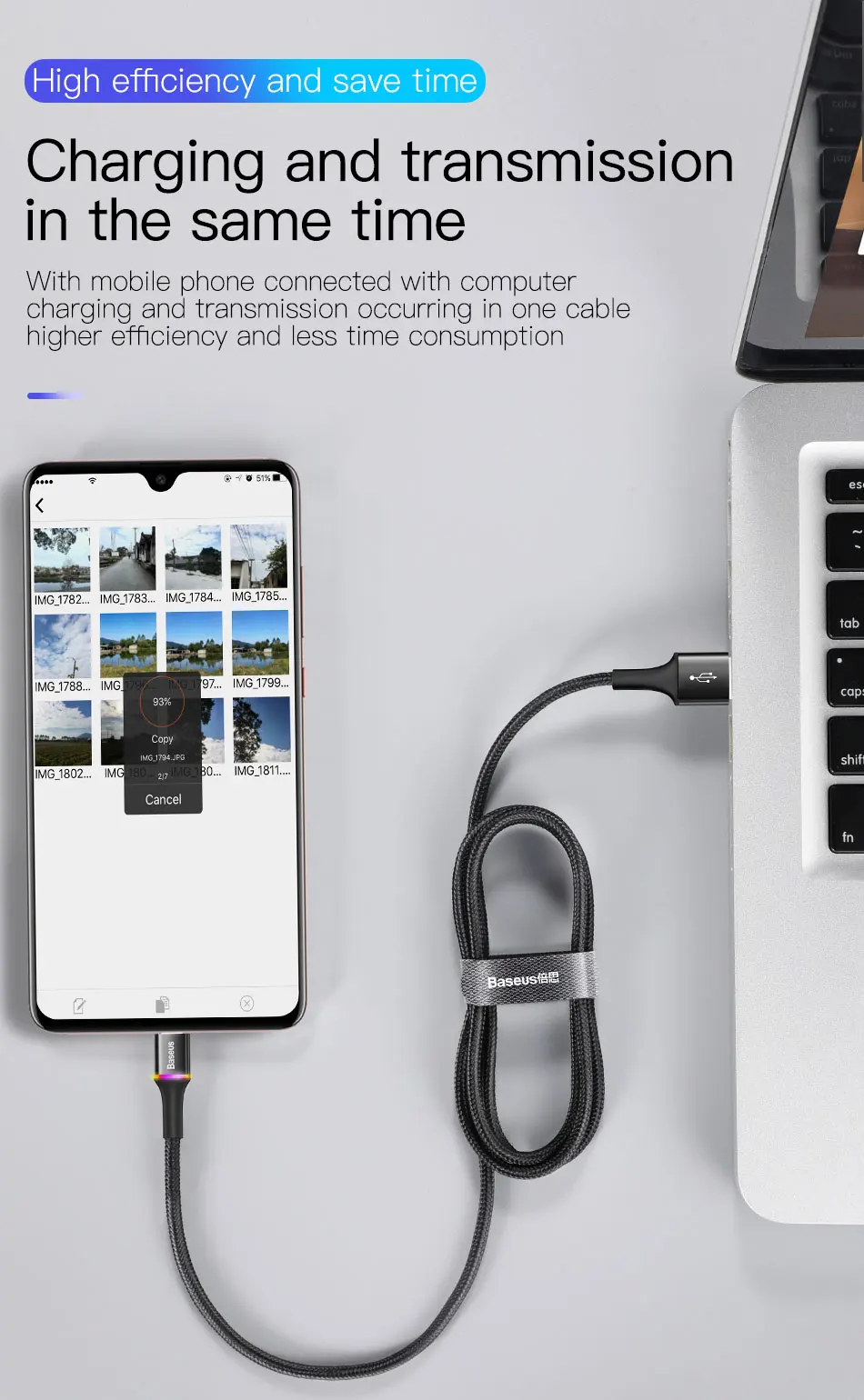 Baseus светодиодный кабель Micro USB, 3 А, быстрая зарядка, Кабель Microusb для samsung, Xiaomi, Android, провод для мобильного телефона, 3 м