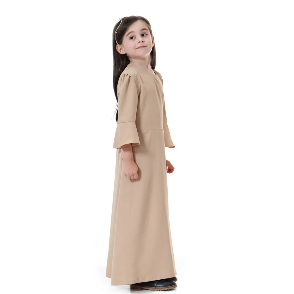 2019 Girls Dress Muslim Islamic Long Robe Burka Maxi Kaftan Princess Sleeve Solid Color Little Gir Dresses For Kids Clothes | Детская