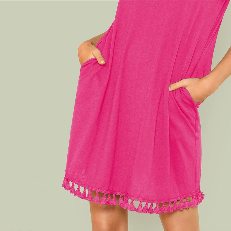 SHEIN женское летнее платье с бахромой и боковыми карманами,, цельное платье-туника с коротким рукавом