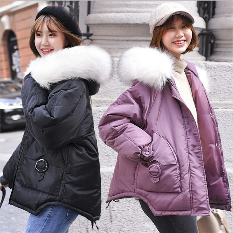 

Winter Down Parkas Coat Women's Warm Hooded Down Cotton Jacket Coat Female Big Fur Collar Cotton Coats Womens Loose Cotton Coats