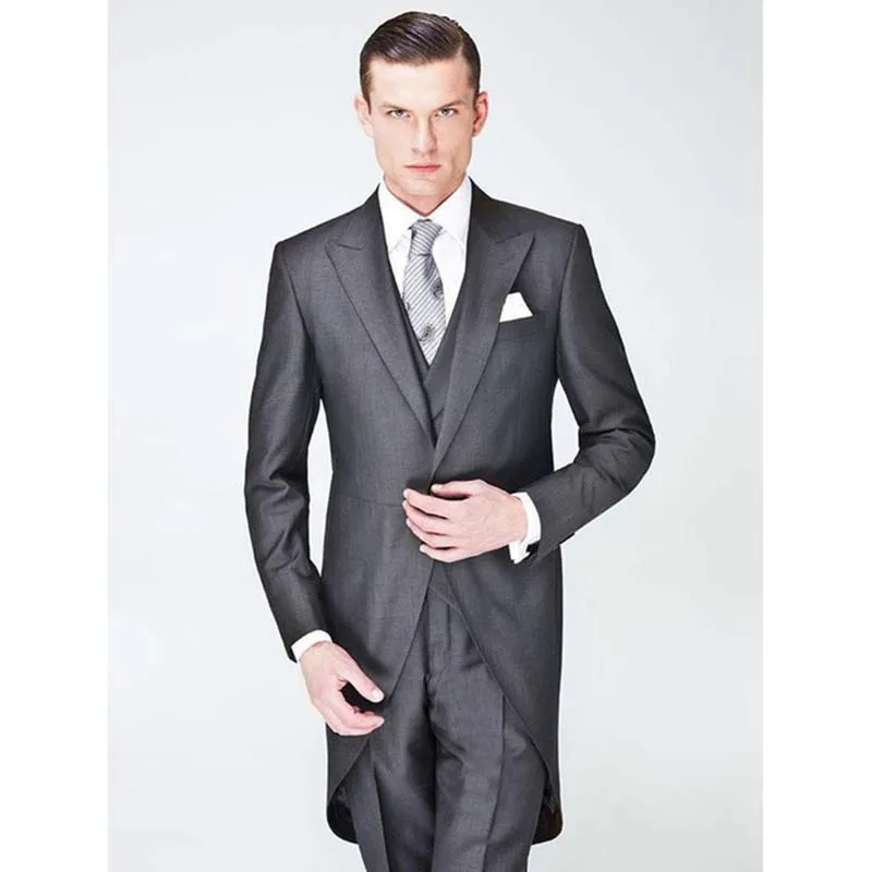 

3 шт., куртка + брюки + галстук + жилет, высококачественные серые мужские костюмы с заостренными лацканами, приталенный костюм, мужской смокинг, модный мужской блейзер, брюки