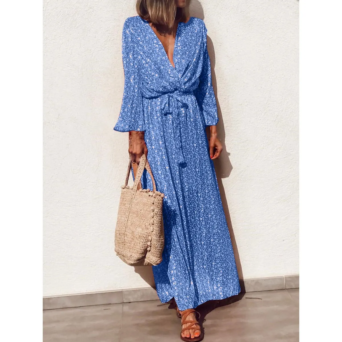 Женское пляжное платье макси с v образным вырезом поясом и длинным рукавом летний