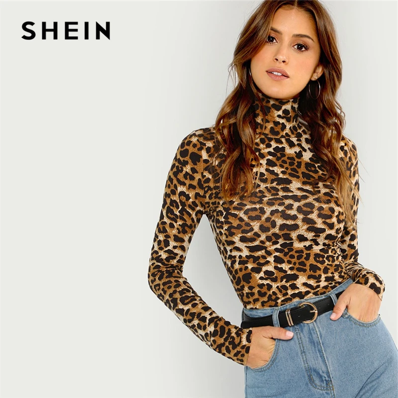 SHEIN Леопардовая Облегающая Блуза С Высоким Воротником Топ Леопардовым Принтом