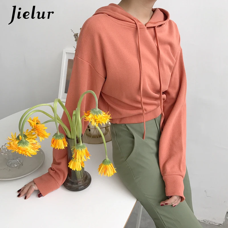 Jielur 6 однотонных Цвет с капюшоном укороченная Толстовка универсальные комфортные Харадзюку Толстовка KPOP тонкий классический синий розовый Moletom Feminino