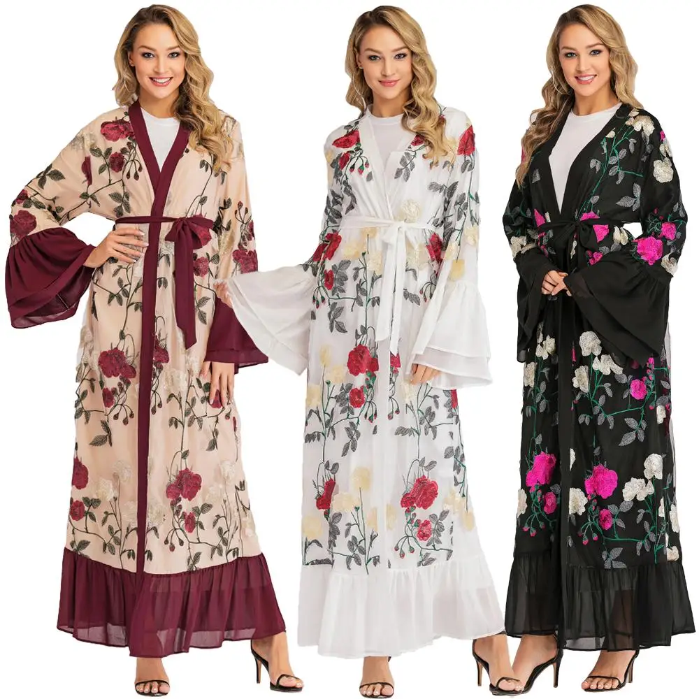 Женский кардиган с цветочной вышивкой в Дубае Abaya длинное платье-Кафтан длинными