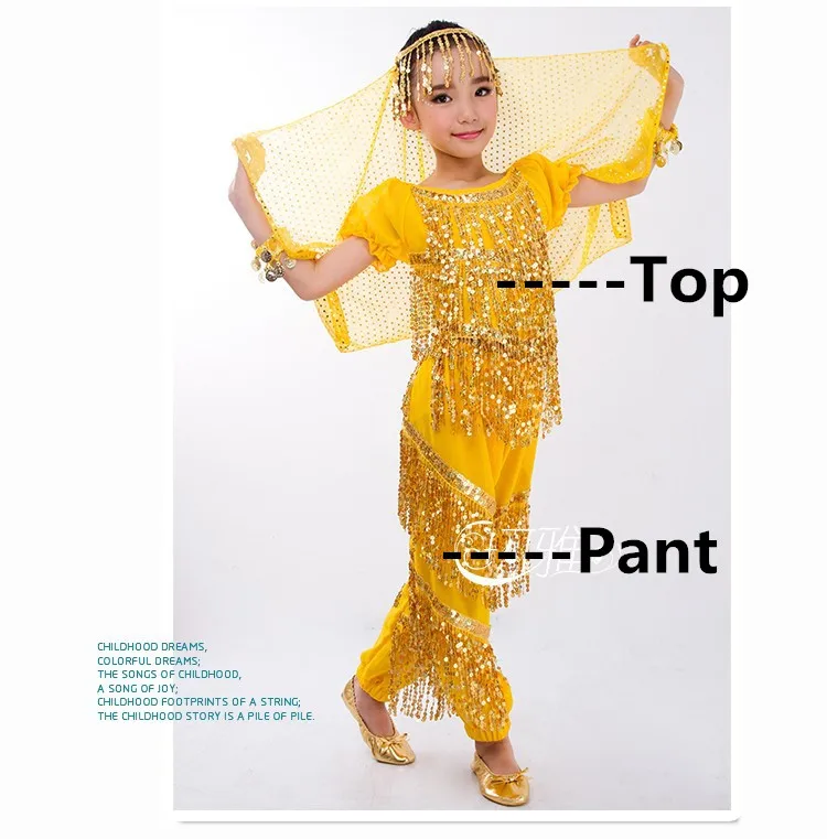 Yellow 2pcs Набор костюма для танца живота для детей девочек женщин Болливуд восточный индийский Египетский Топ для танца живота брючный костюм для выступлений - Color: Yellow 2pcs
