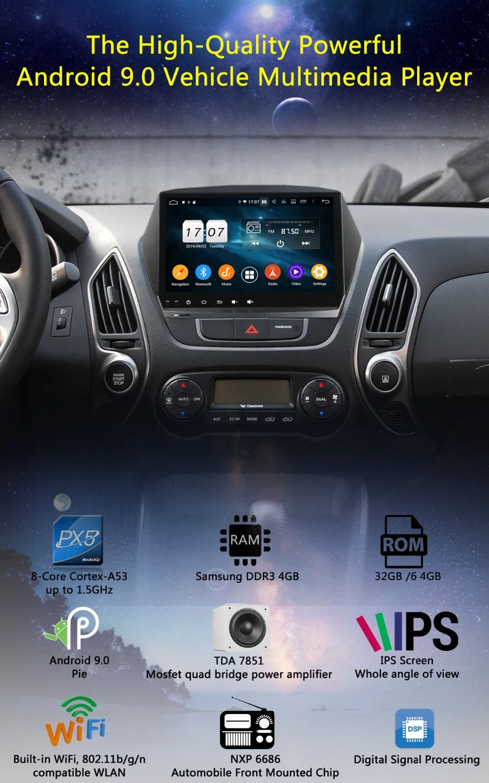 " ips 8 ядерный 4 Гб+ 64 ГБ Android 9,0 автомобильный DVD мультимедиа для hyundai Tucson IX35 Tucson 2 2010- радио gps DSP CarPlay Parrot BT