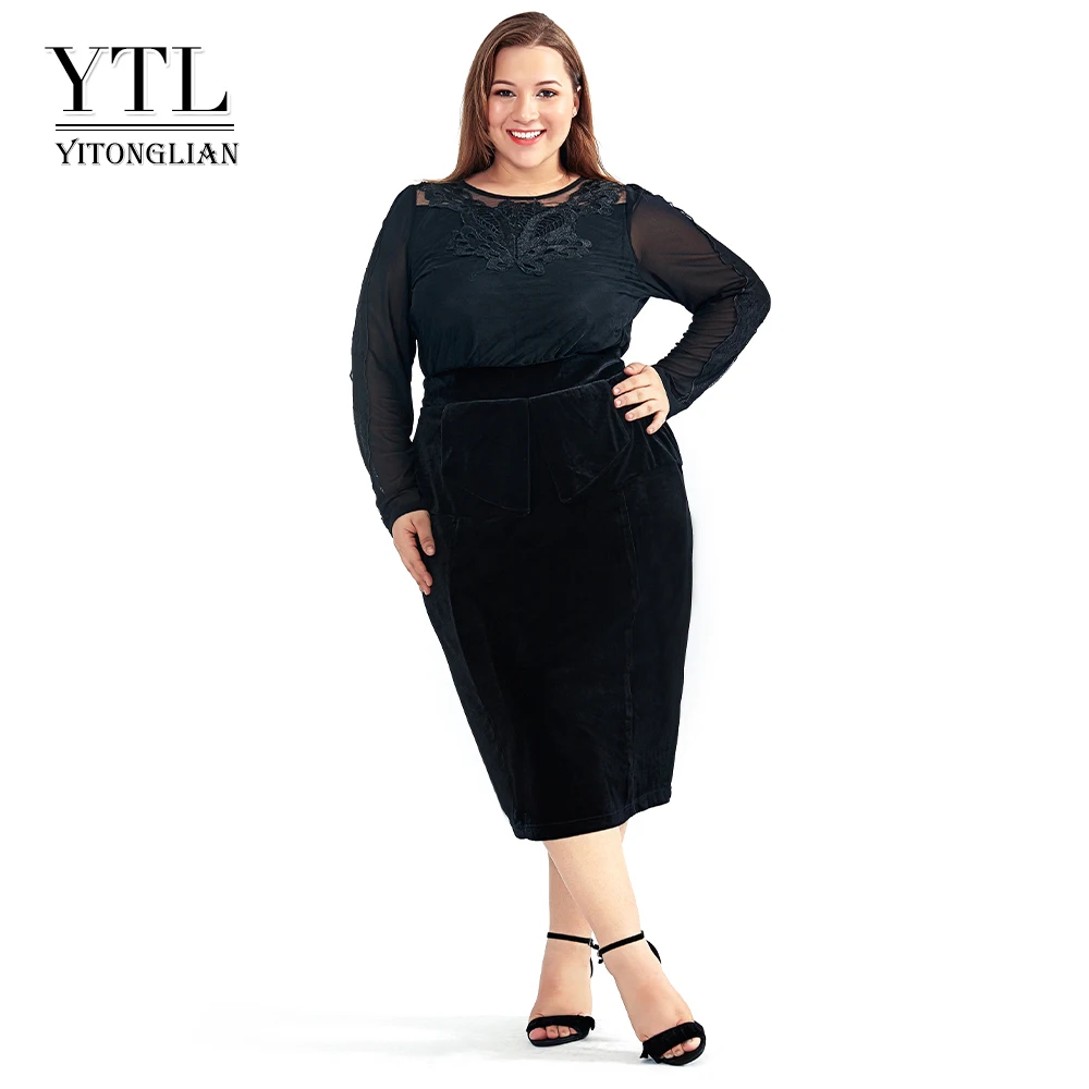 YTL Для женщин Винтаж бархат зима плюс Размеры юбки работы вечерние тонкий черный