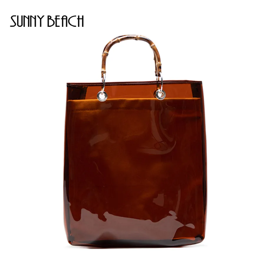 Летняя прозрачная сумка с бамбуковой ручкой SUNNY BEACH коричневая Женская тоут