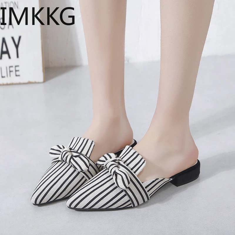 Женские босоножки в полоску с острым носком на среднем каблуке | Обувь