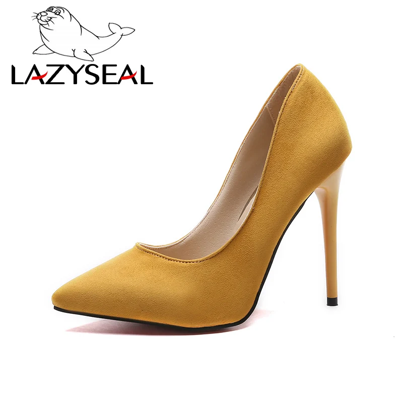 LazySeal/обувь; женские туфли-лодочки на шпильке; Простые сандалии из искусственной замши; однотонные; коллекция года; босоножки без застежки на высоком каблуке 11 см; женские пикантные туфли-лодочки - Цвет: Yellow